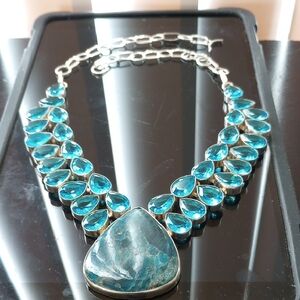 "BEJEWELED" BLUE STATEMENT NECKLACE; FITS: UP TO 16" to  22" NECK - CHOKER STYLE
